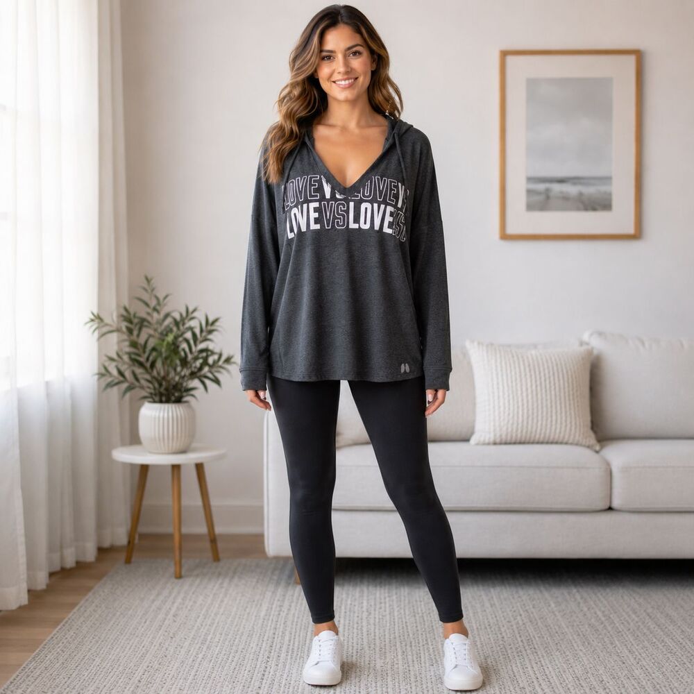 Victoria Secret LOVE VS Hoodie Large Y2K Loungewear Cozy Soft V Neck Pullover